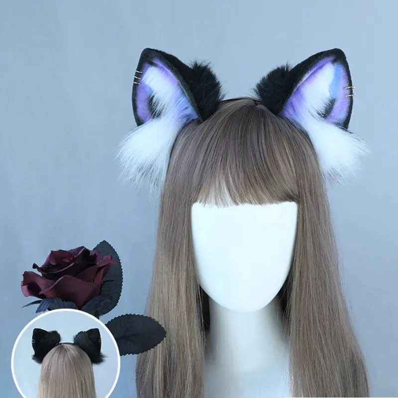Cute Cat Ear Cosplay Hair Hoop with Flower Hairpin Woman Teens Headband for Live Broadcast Cartoon Carnivals Hairband