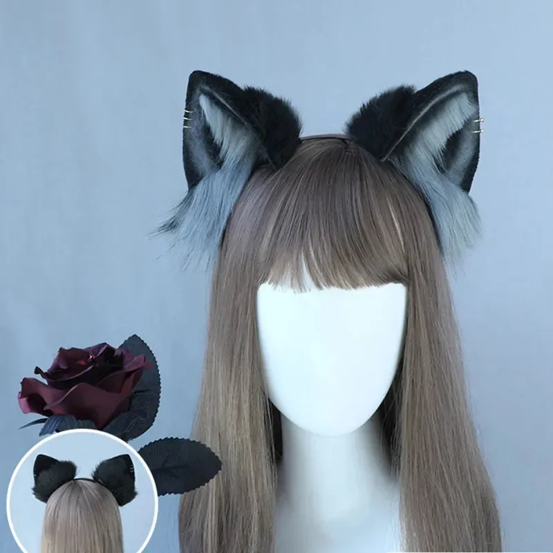 Cute Cat Ear Cosplay Hair Hoop with Flower Hairpin Woman Teens Headband for Live Broadcast Cartoon Carnivals Hairband