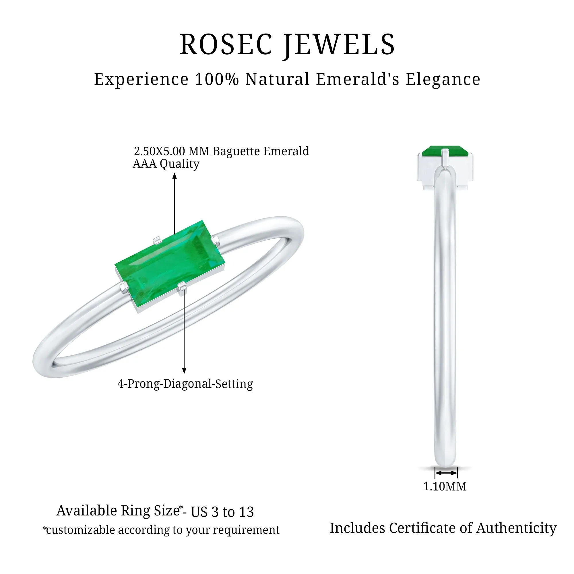 Dainty Baguette Cut Real Emerald Birthstone East West Promise Ring