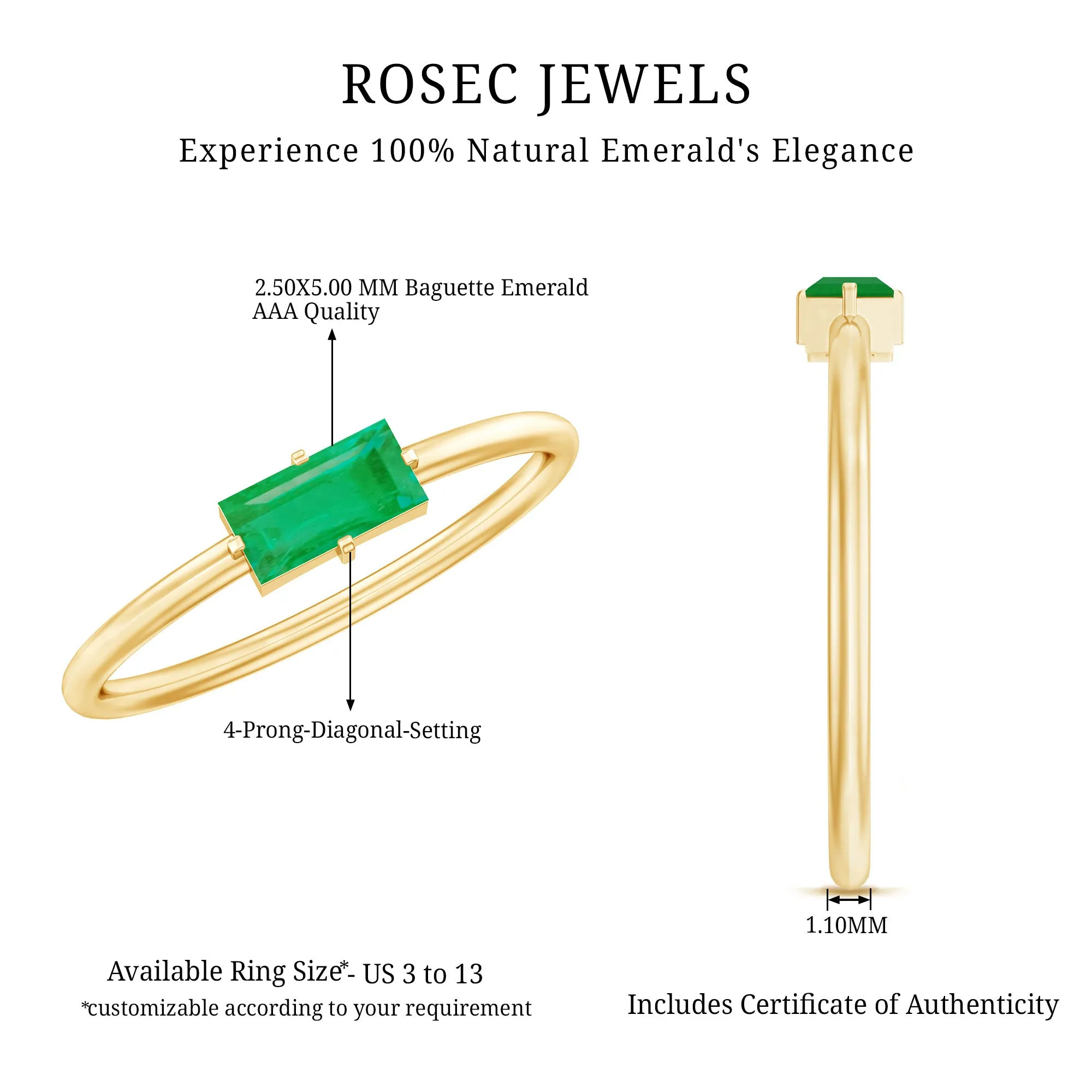 Dainty Baguette Cut Real Emerald Birthstone East West Promise Ring