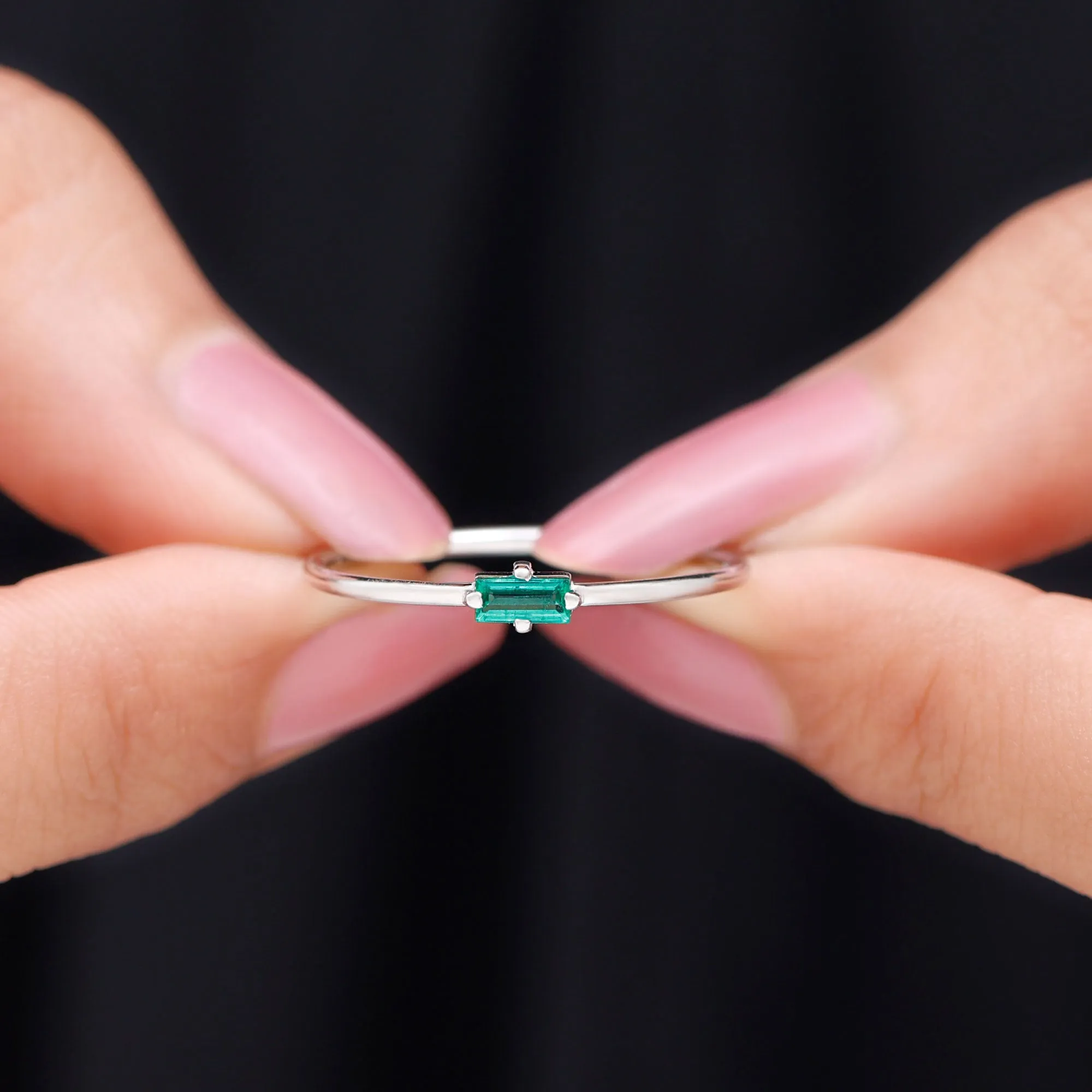 Dainty Baguette Cut Real Emerald Birthstone East West Promise Ring