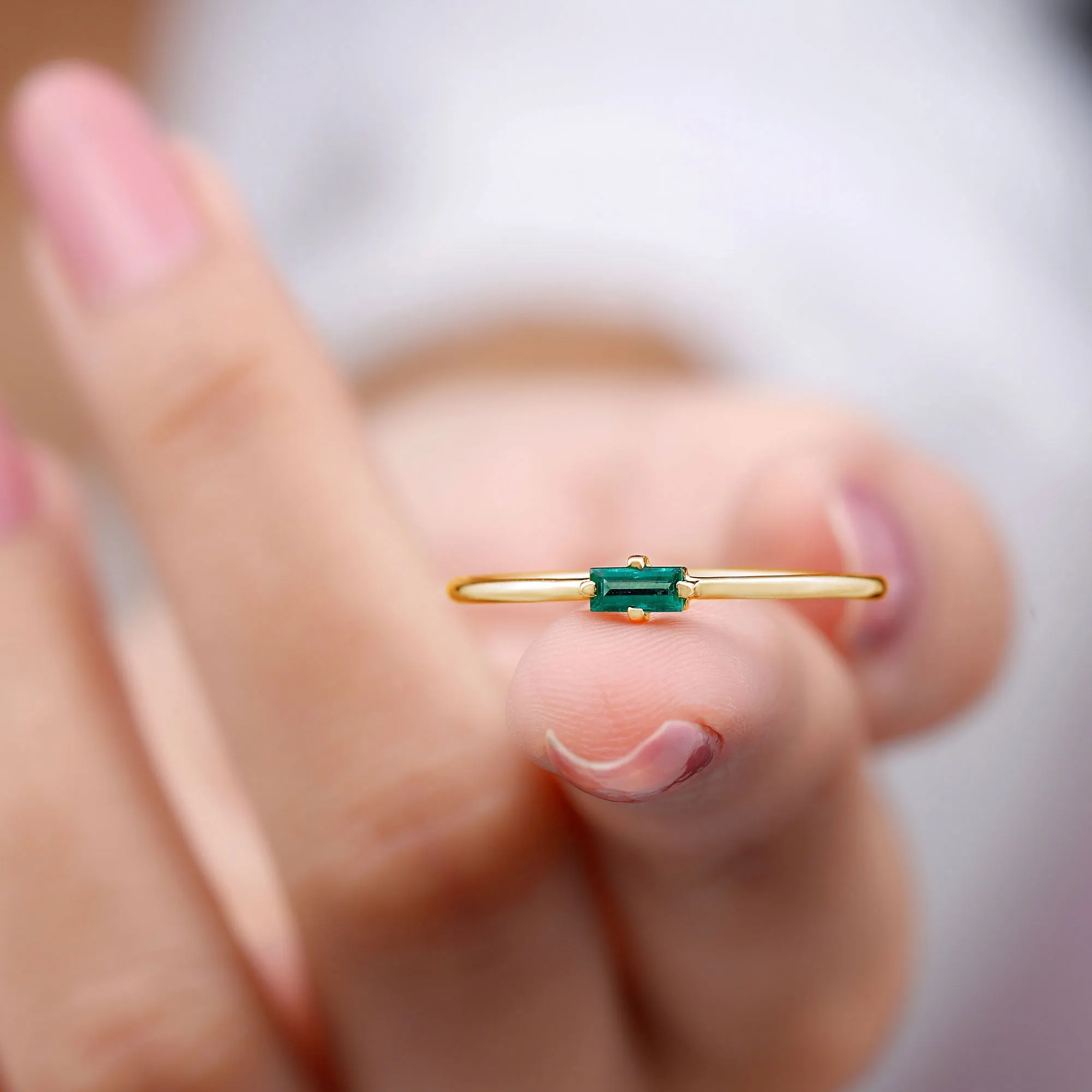 Dainty Baguette Cut Real Emerald Birthstone East West Promise Ring