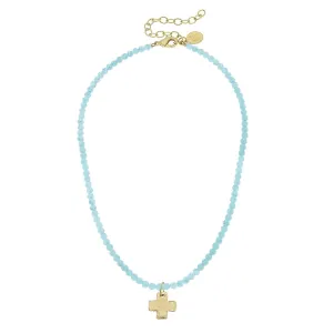 Dainty Beaded Cross Necklace - Aqua Agate
