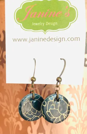 Dark Teal and Gold Circle Earrings, Monstera Leaf Clay Circle Earrings, Quartz Earrings