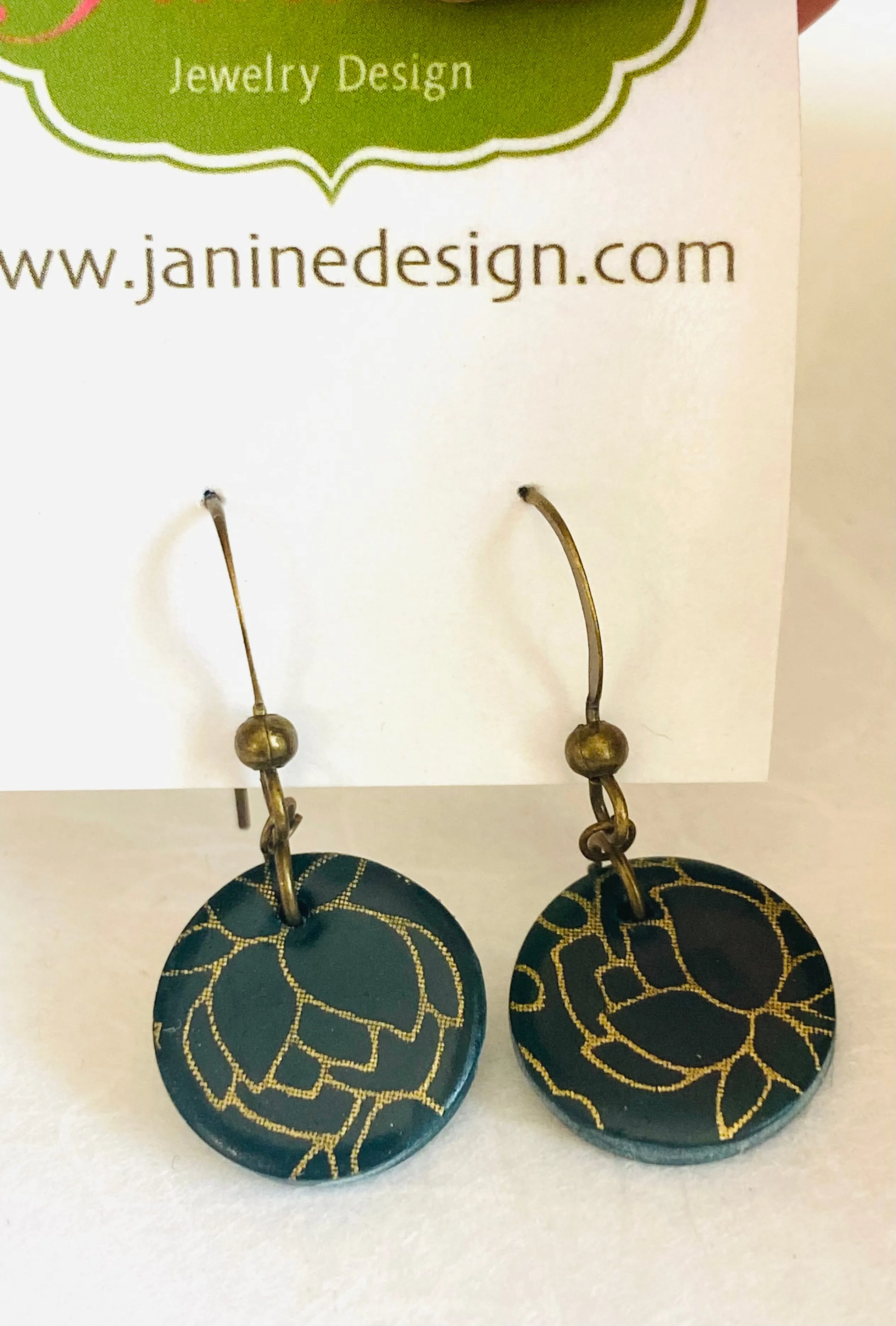 Dark Teal and Gold Circle Earrings, Monstera Leaf Clay Circle Earrings, Quartz Earrings