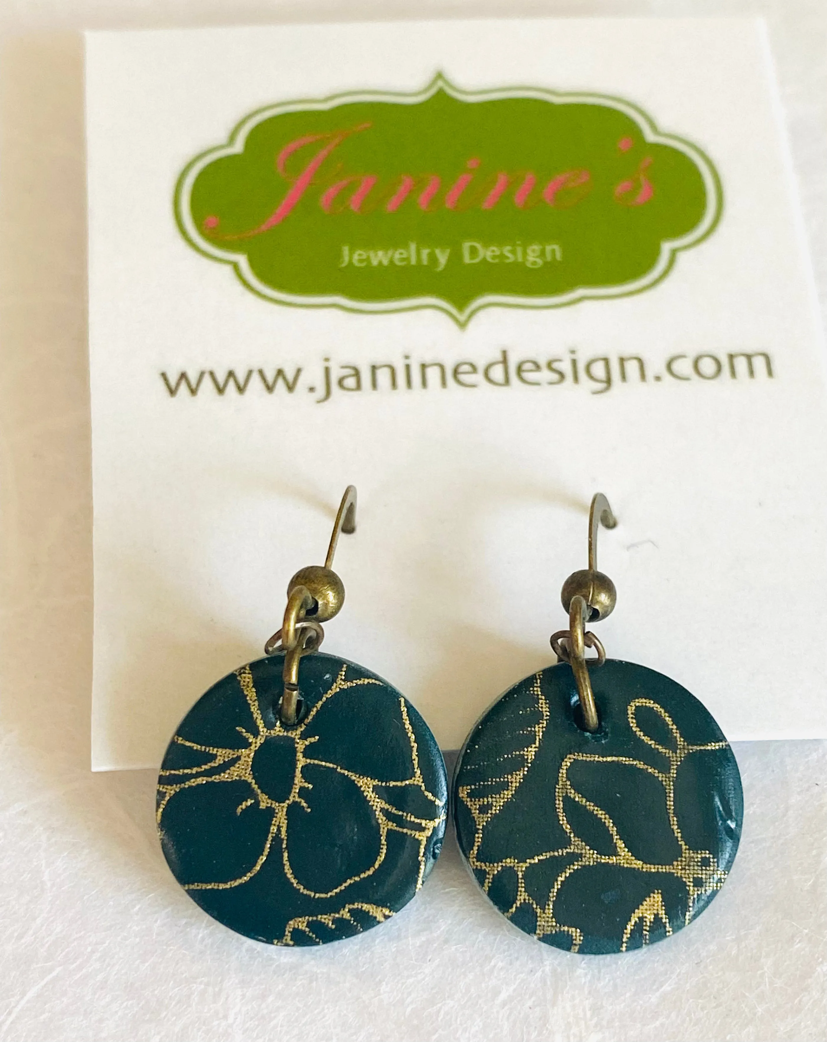 Dark Teal and Gold Circle Earrings, Monstera Leaf Clay Circle Earrings, Quartz Earrings