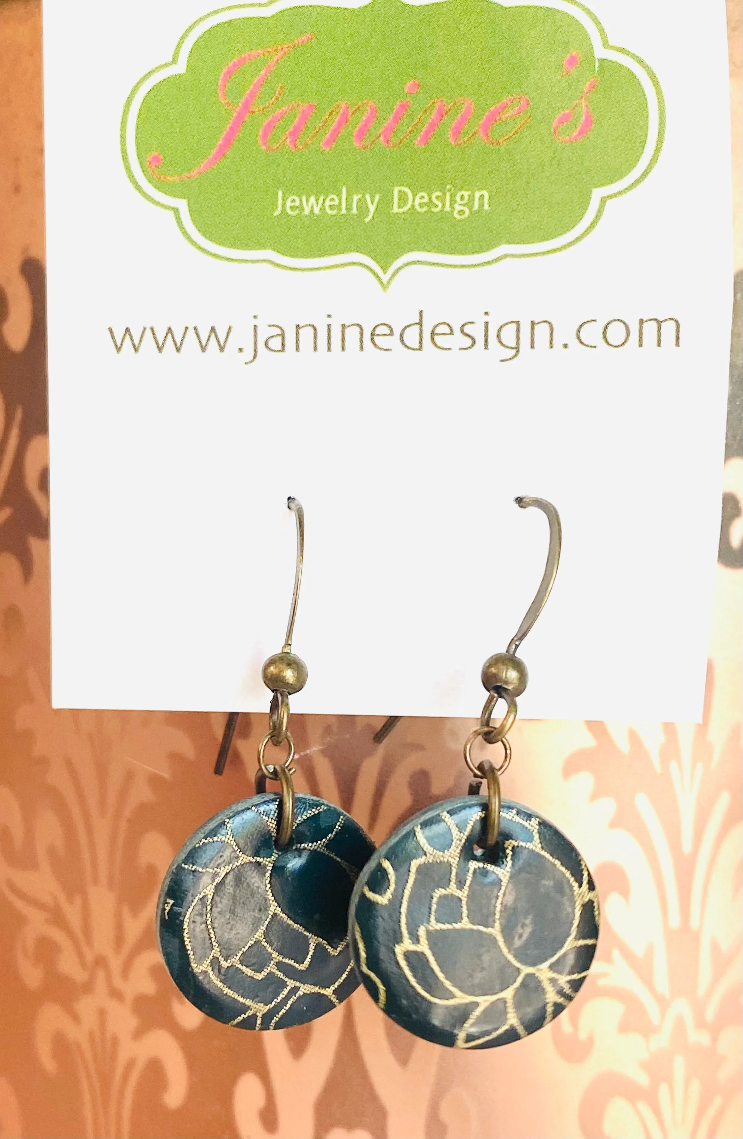Dark Teal and Gold Circle Earrings, Monstera Leaf Clay Circle Earrings, Quartz Earrings