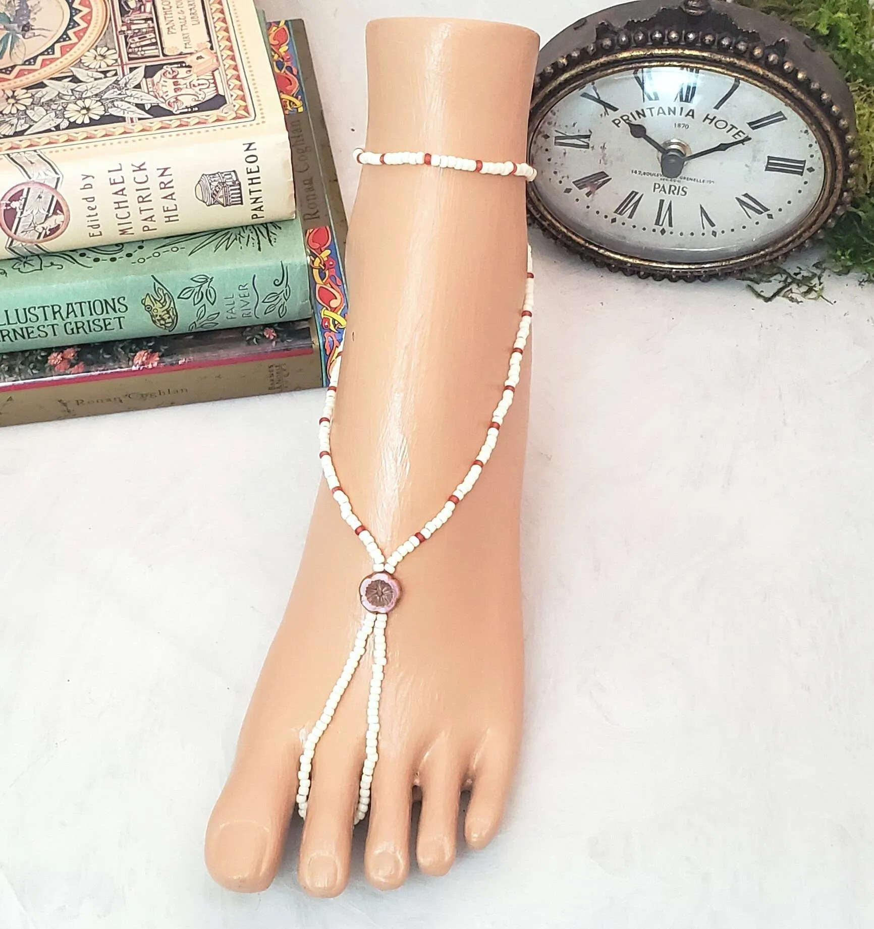 Elastic Beaded Barefoot Sandal or Hand Flower in Opaque White/Ivory   Coral   Red, Boho, Bohemian, Wedding, Bridesmaid