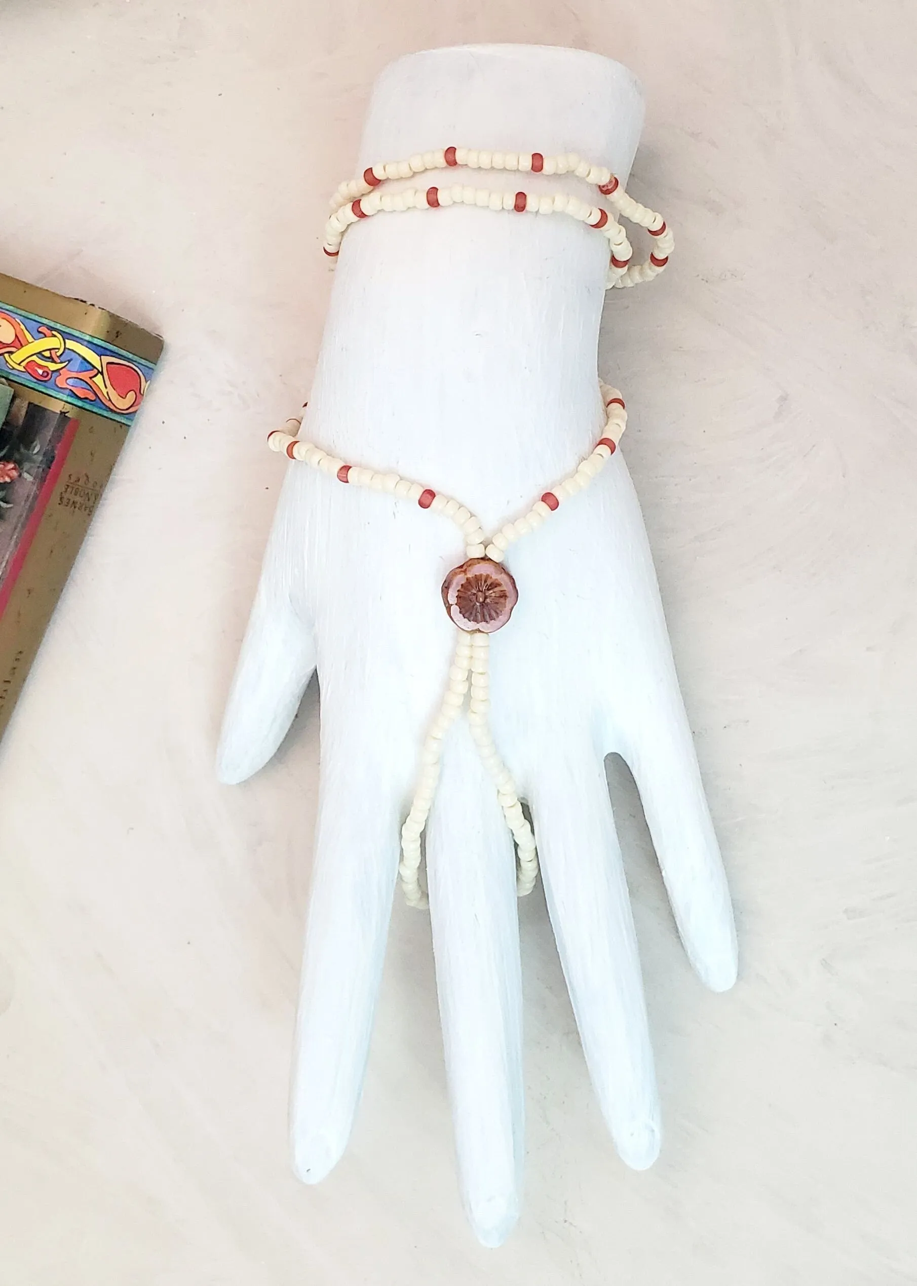 Elastic Beaded Barefoot Sandal or Hand Flower in Opaque White/Ivory   Coral   Red, Boho, Bohemian, Wedding, Bridesmaid