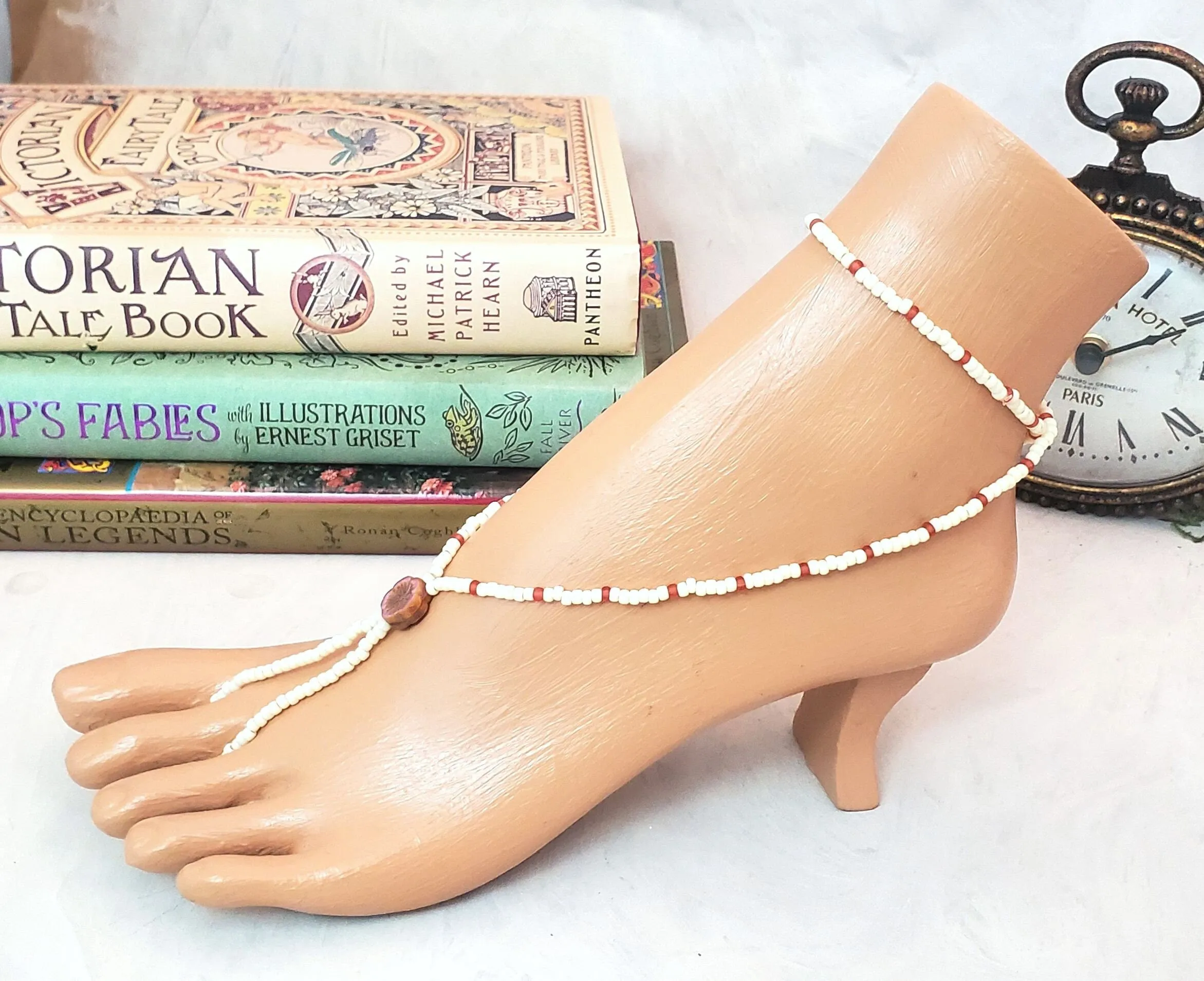 Elastic Beaded Barefoot Sandal or Hand Flower in Opaque White/Ivory   Coral   Red, Boho, Bohemian, Wedding, Bridesmaid