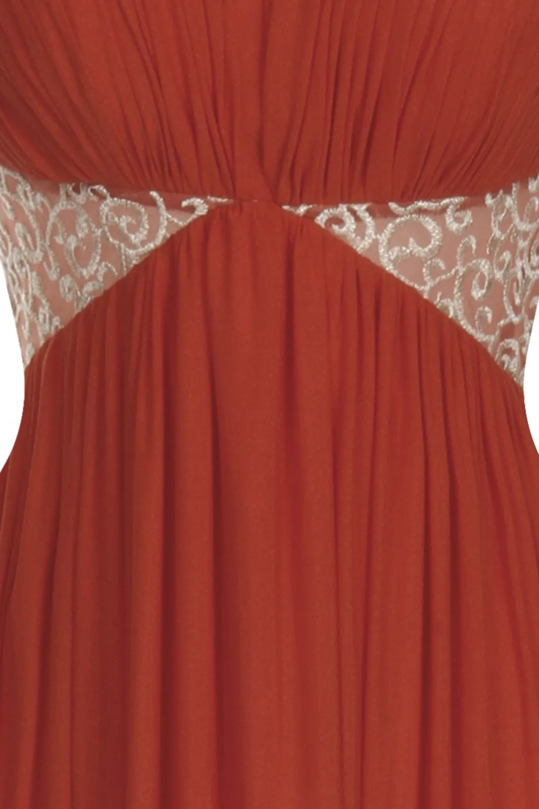 Elia Coral Orange Gold Embroidered Goddess Grecian Maxi Gown Dress