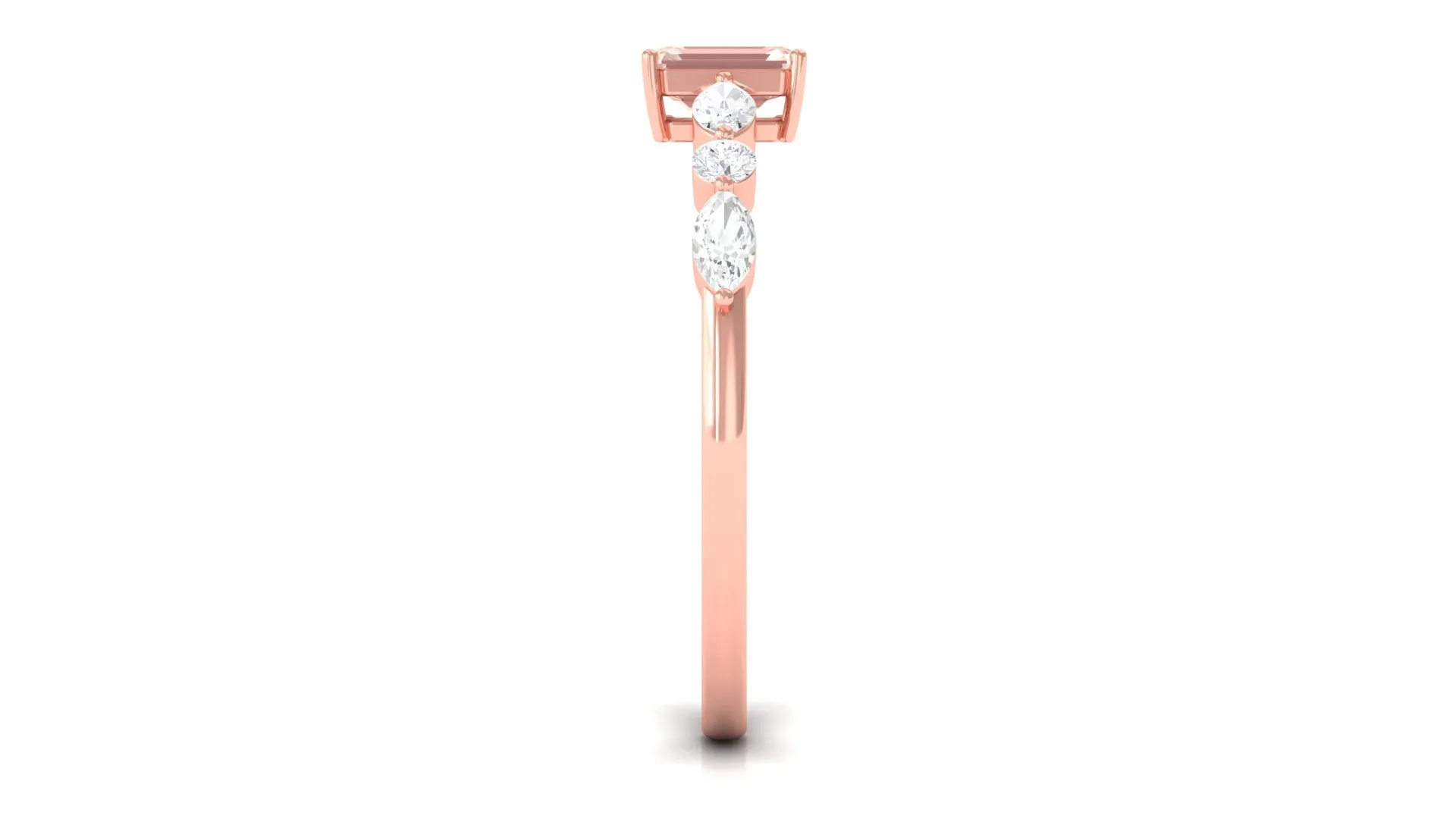 Emerald Cut Morganite Solitaire Ring with Diamond Side Stones