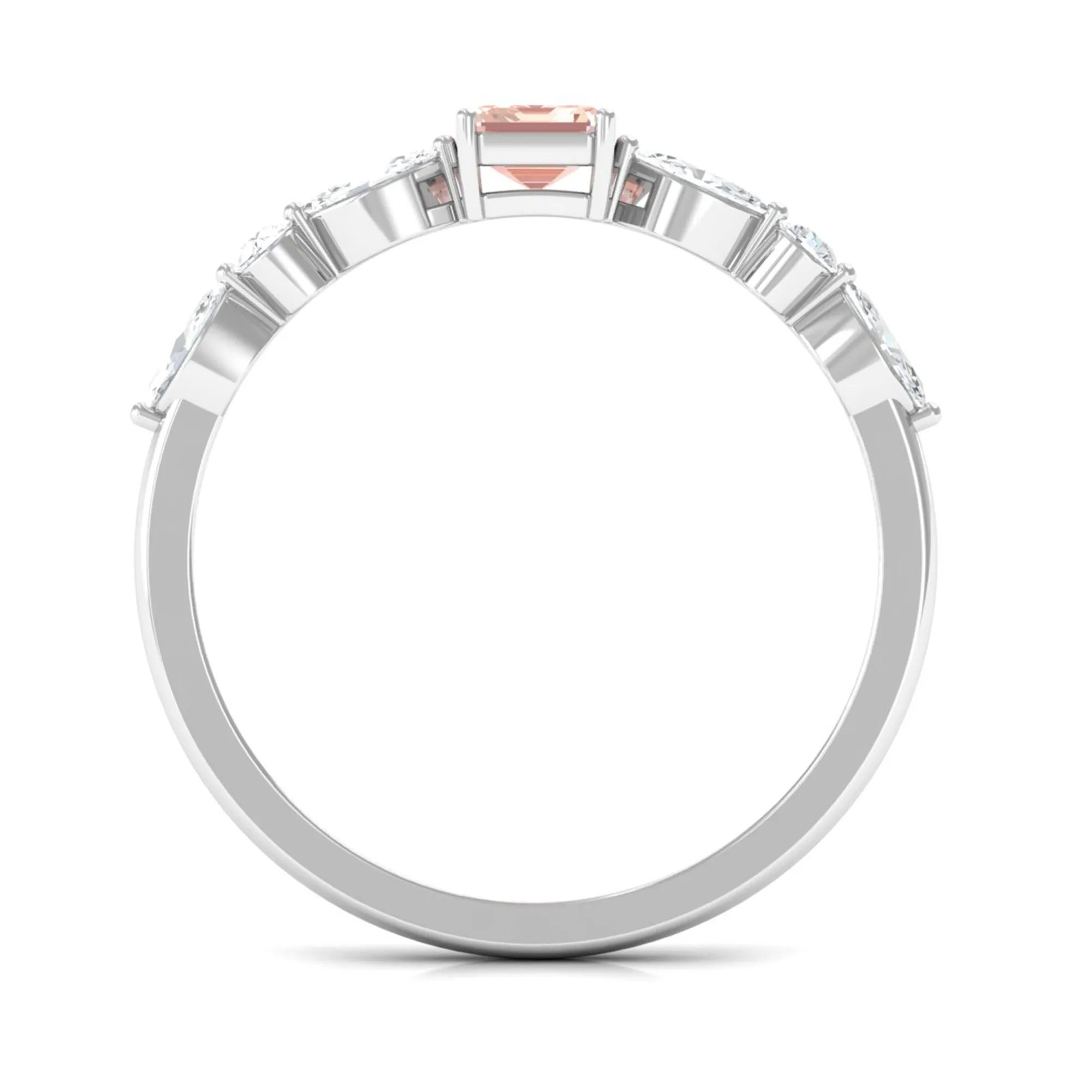Emerald Cut Morganite Solitaire Ring with Diamond Side Stones