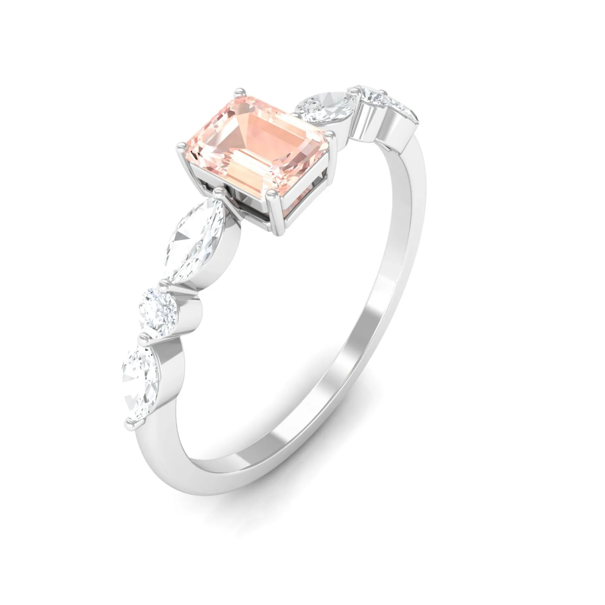 Emerald Cut Morganite Solitaire Ring with Diamond Side Stones