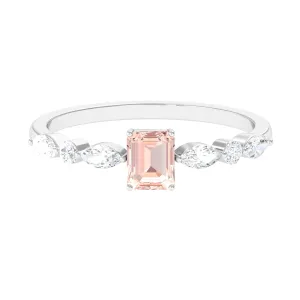 Emerald Cut Morganite Solitaire Ring with Diamond Side Stones