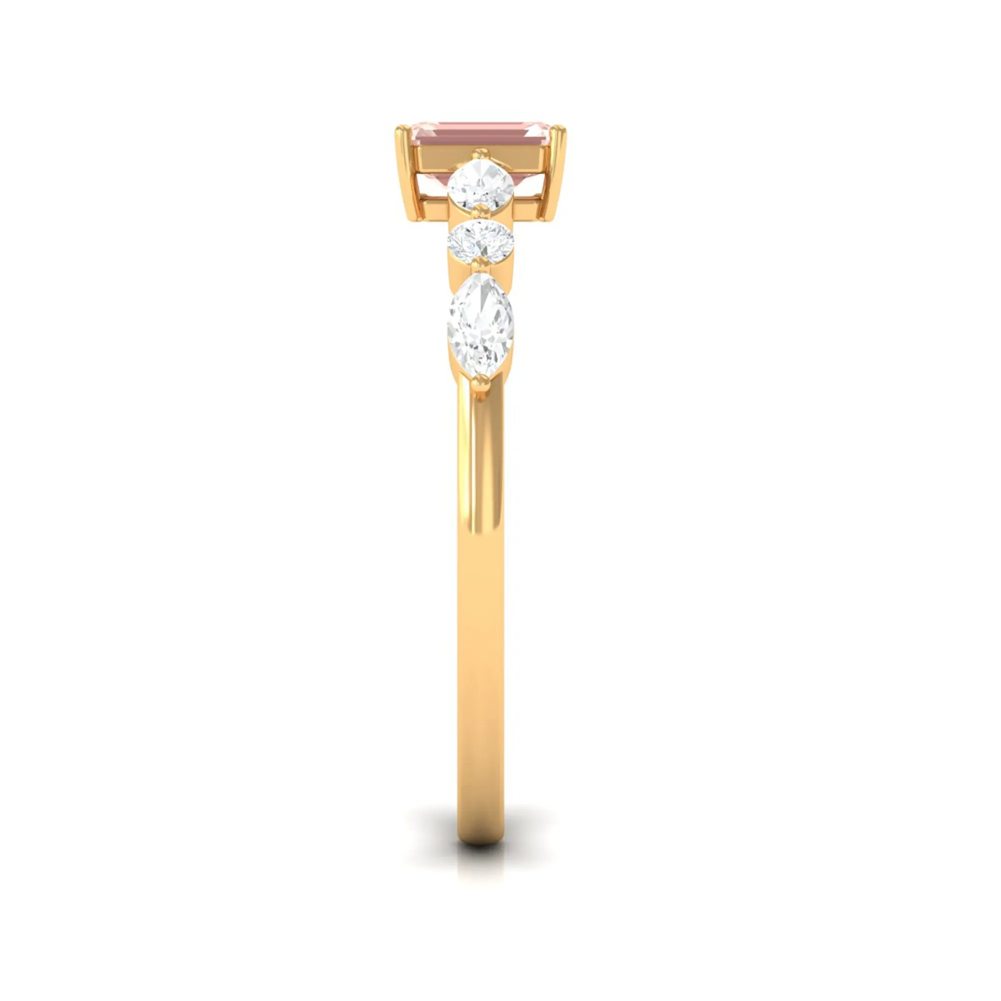 Emerald Cut Morganite Solitaire Ring with Diamond Side Stones