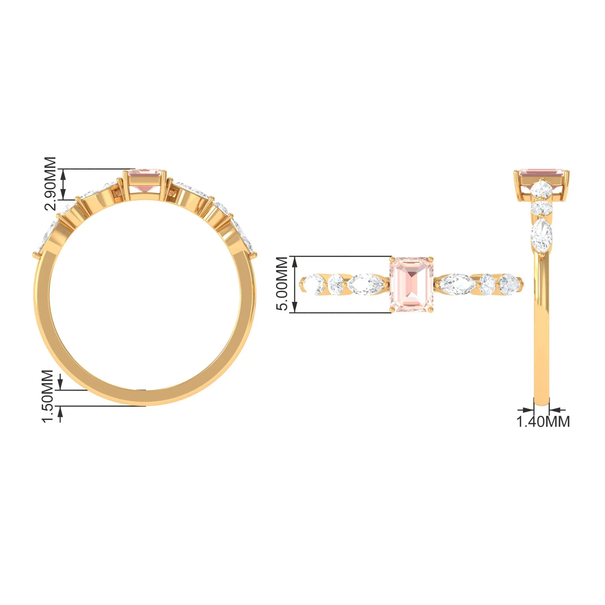 Emerald Cut Morganite Solitaire Ring with Diamond Side Stones