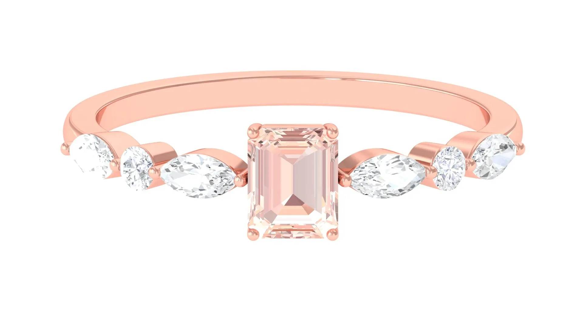 Emerald Cut Morganite Solitaire Ring with Diamond Side Stones