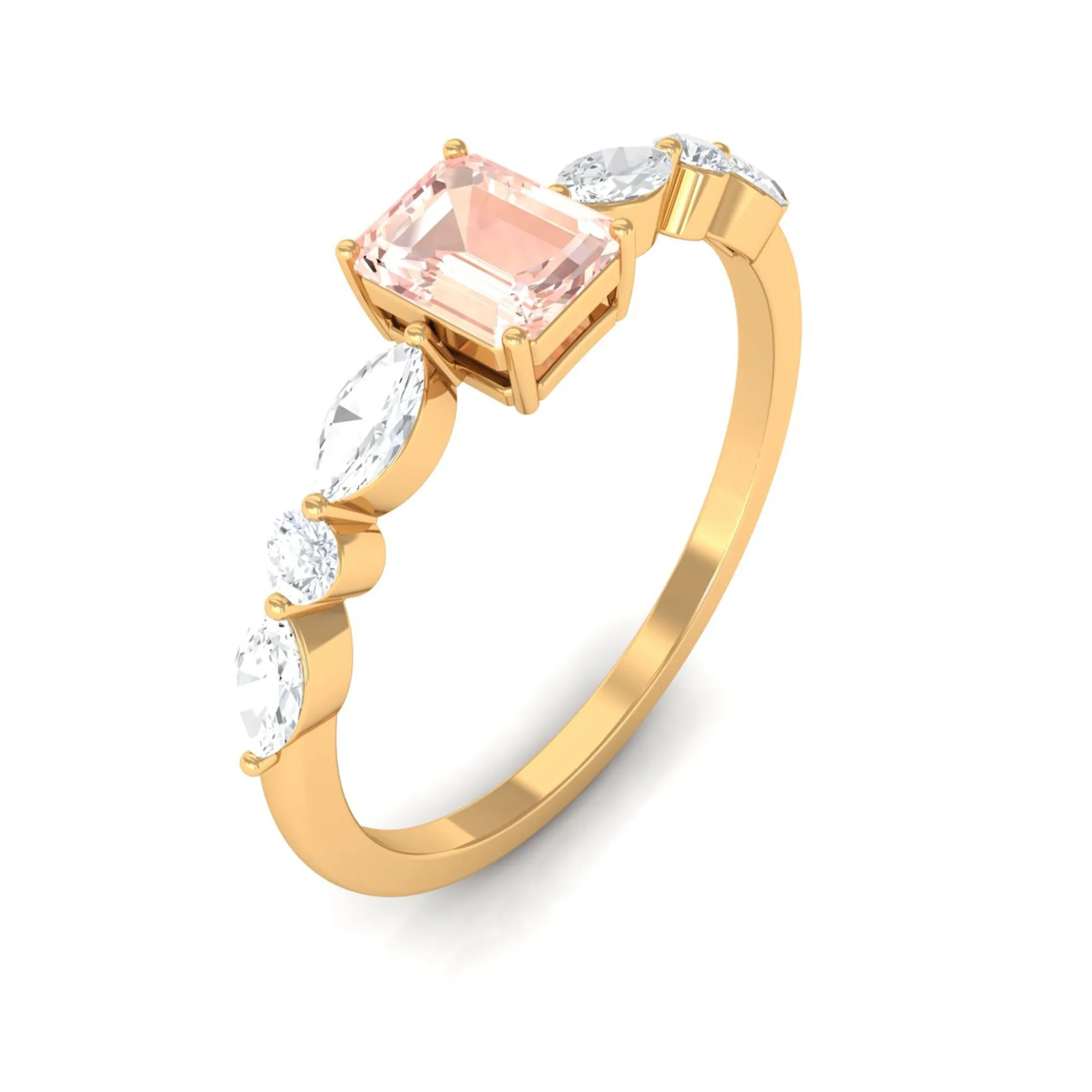 Emerald Cut Morganite Solitaire Ring with Diamond Side Stones