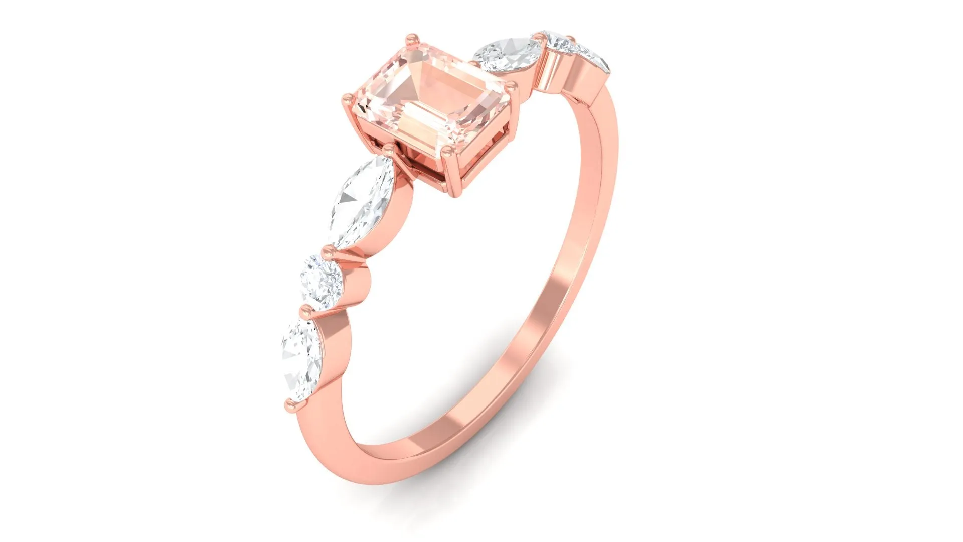 Emerald Cut Morganite Solitaire Ring with Diamond Side Stones