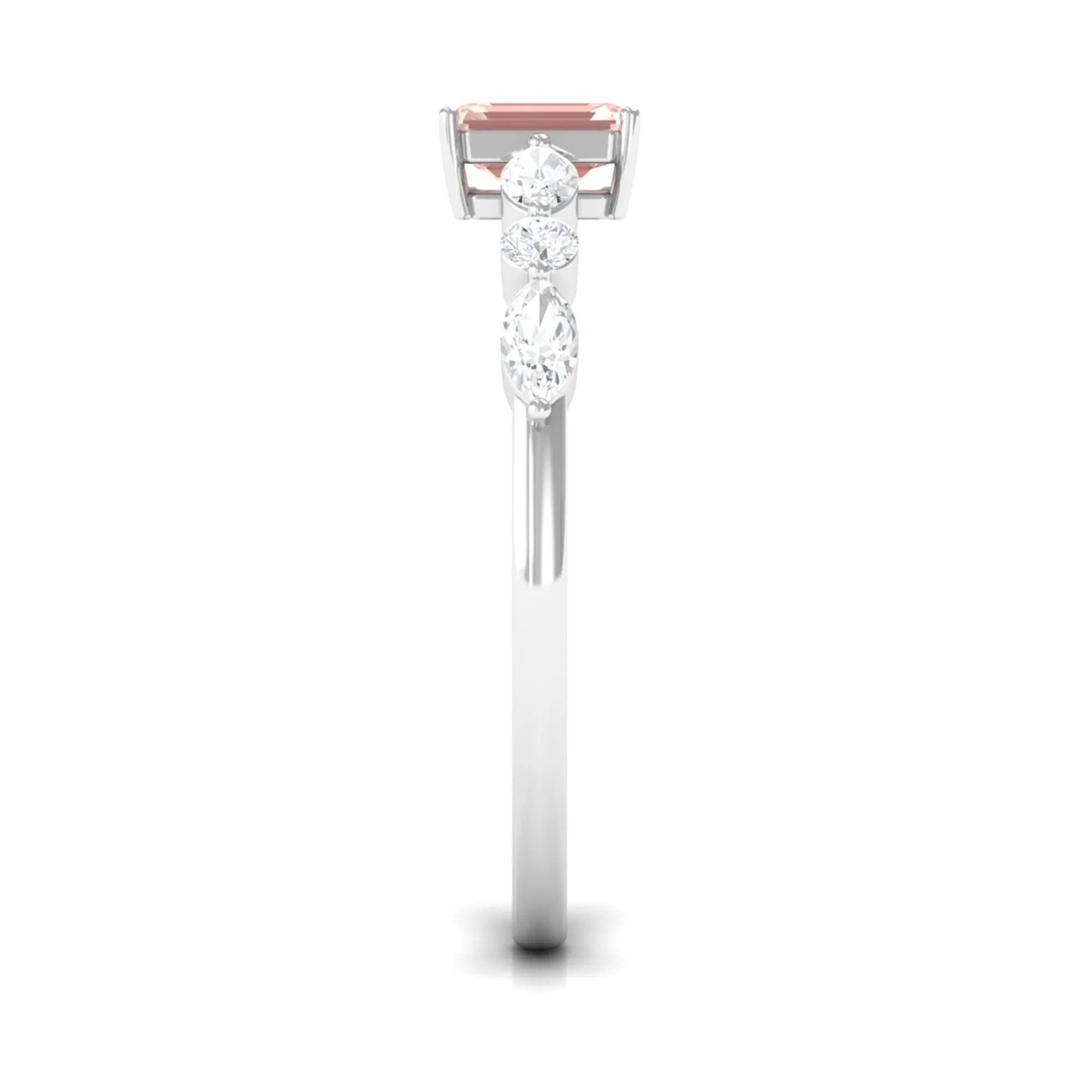 Emerald Cut Morganite Solitaire Ring with Diamond Side Stones