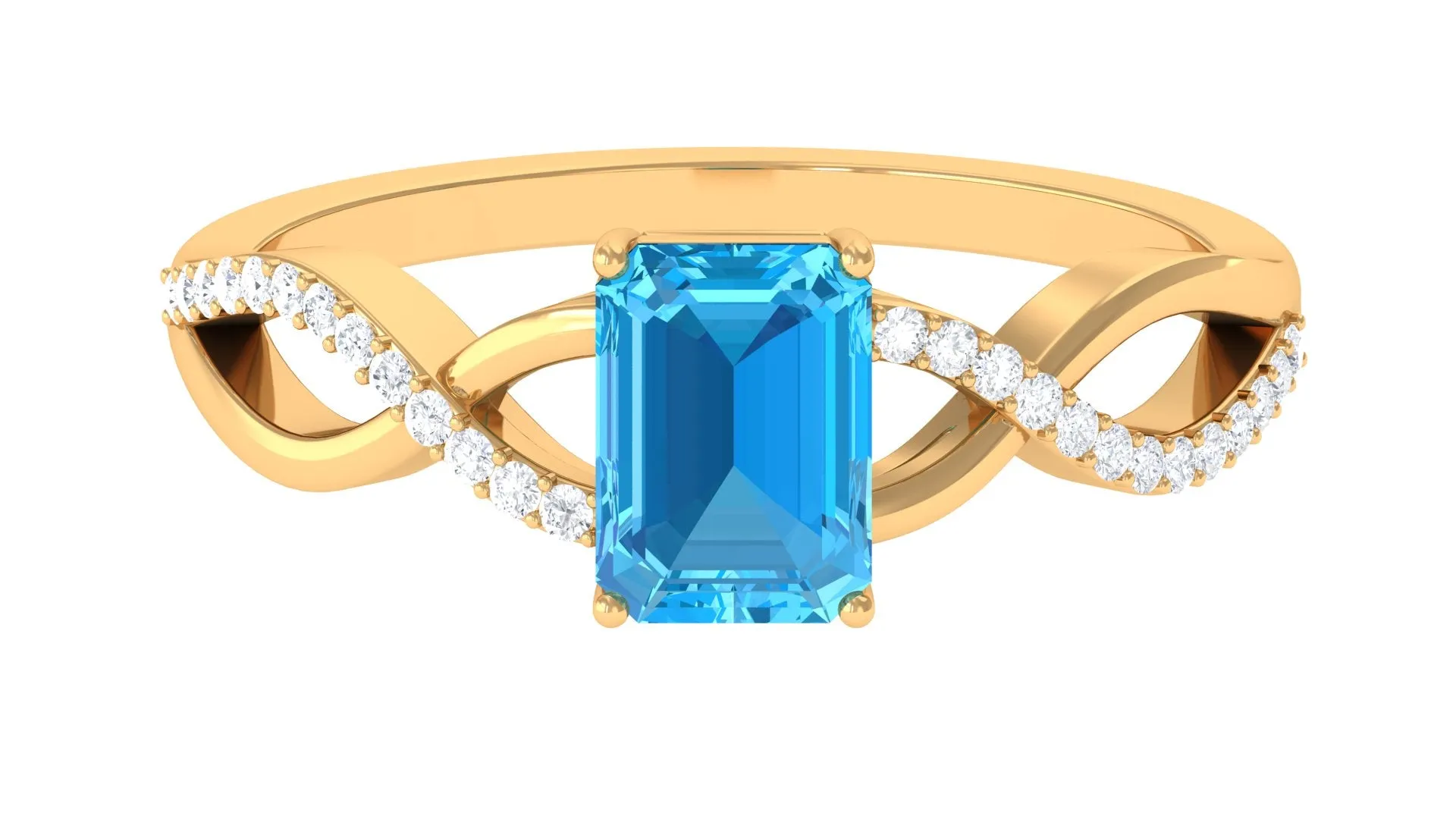 Emerald Cut Swiss Blue Topaz and Diamond Crossover Engagement Ring