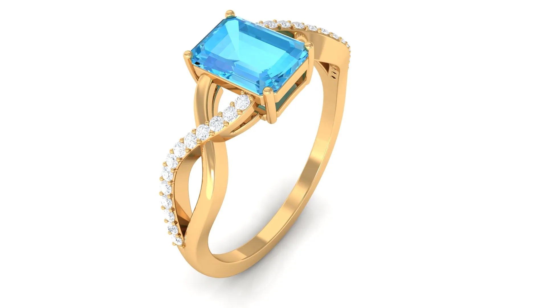 Emerald Cut Swiss Blue Topaz and Diamond Crossover Engagement Ring