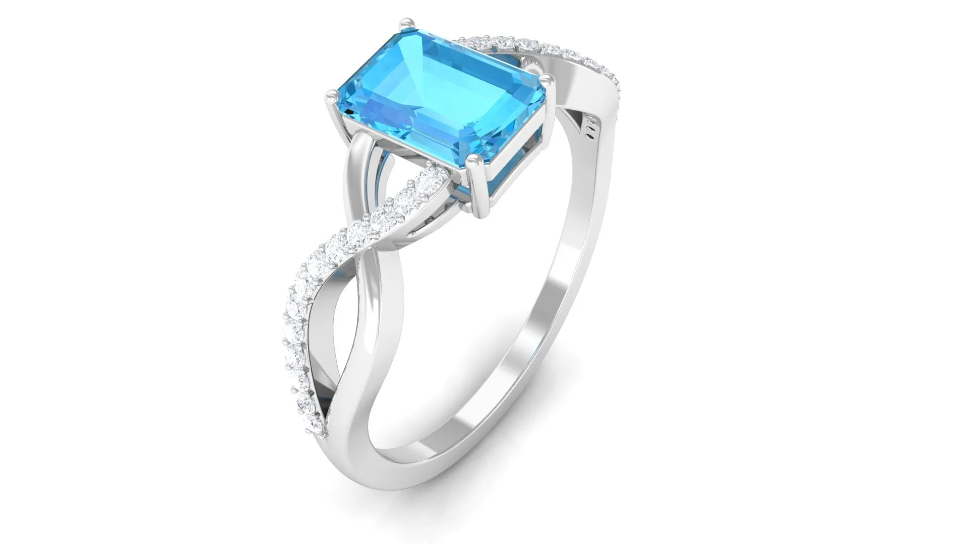 Emerald Cut Swiss Blue Topaz and Diamond Crossover Engagement Ring