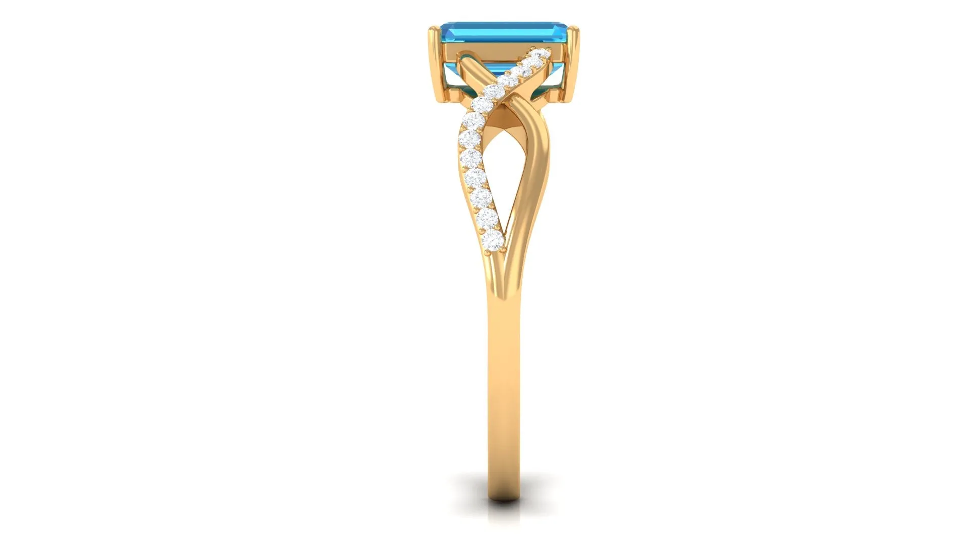 Emerald Cut Swiss Blue Topaz and Diamond Crossover Engagement Ring