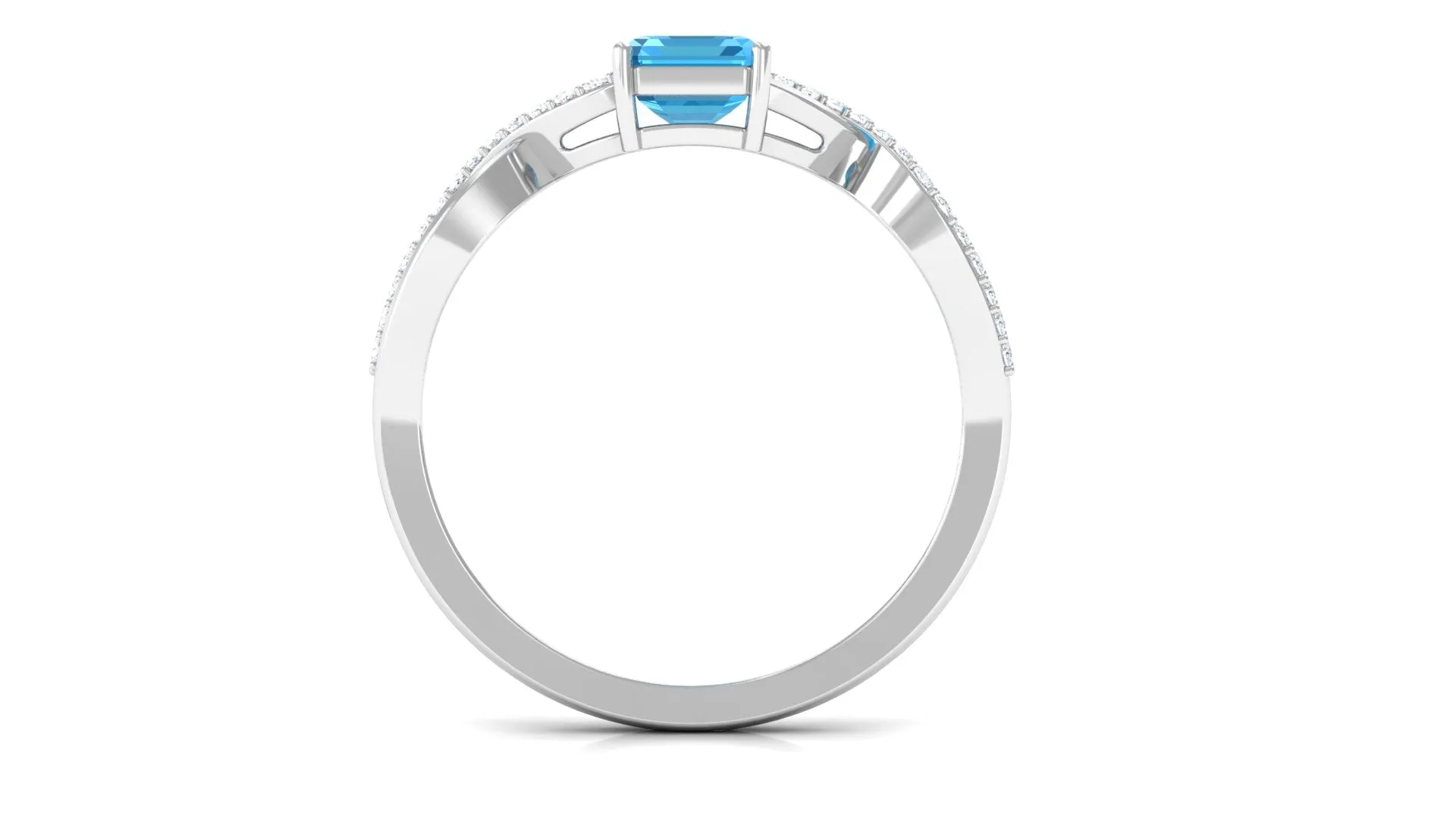 Emerald Cut Swiss Blue Topaz and Diamond Crossover Engagement Ring