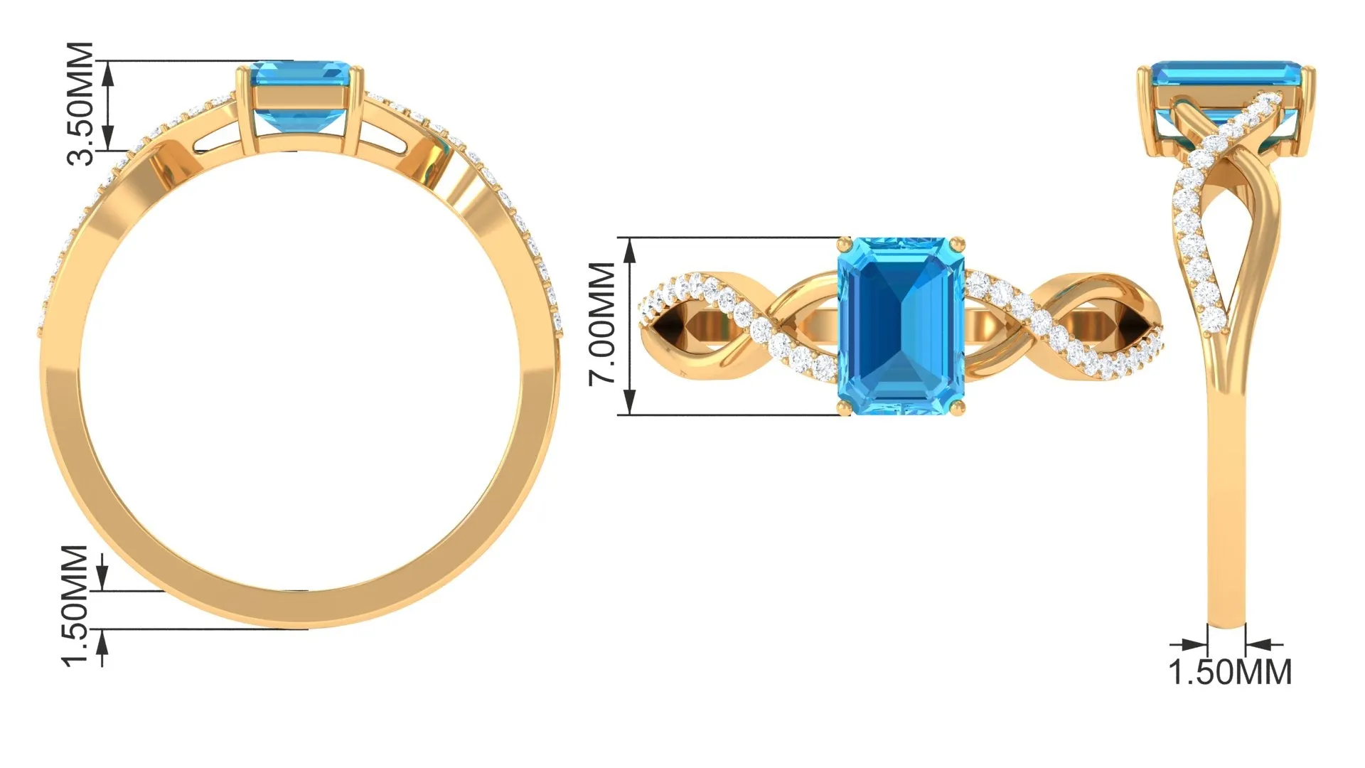Emerald Cut Swiss Blue Topaz and Diamond Crossover Engagement Ring
