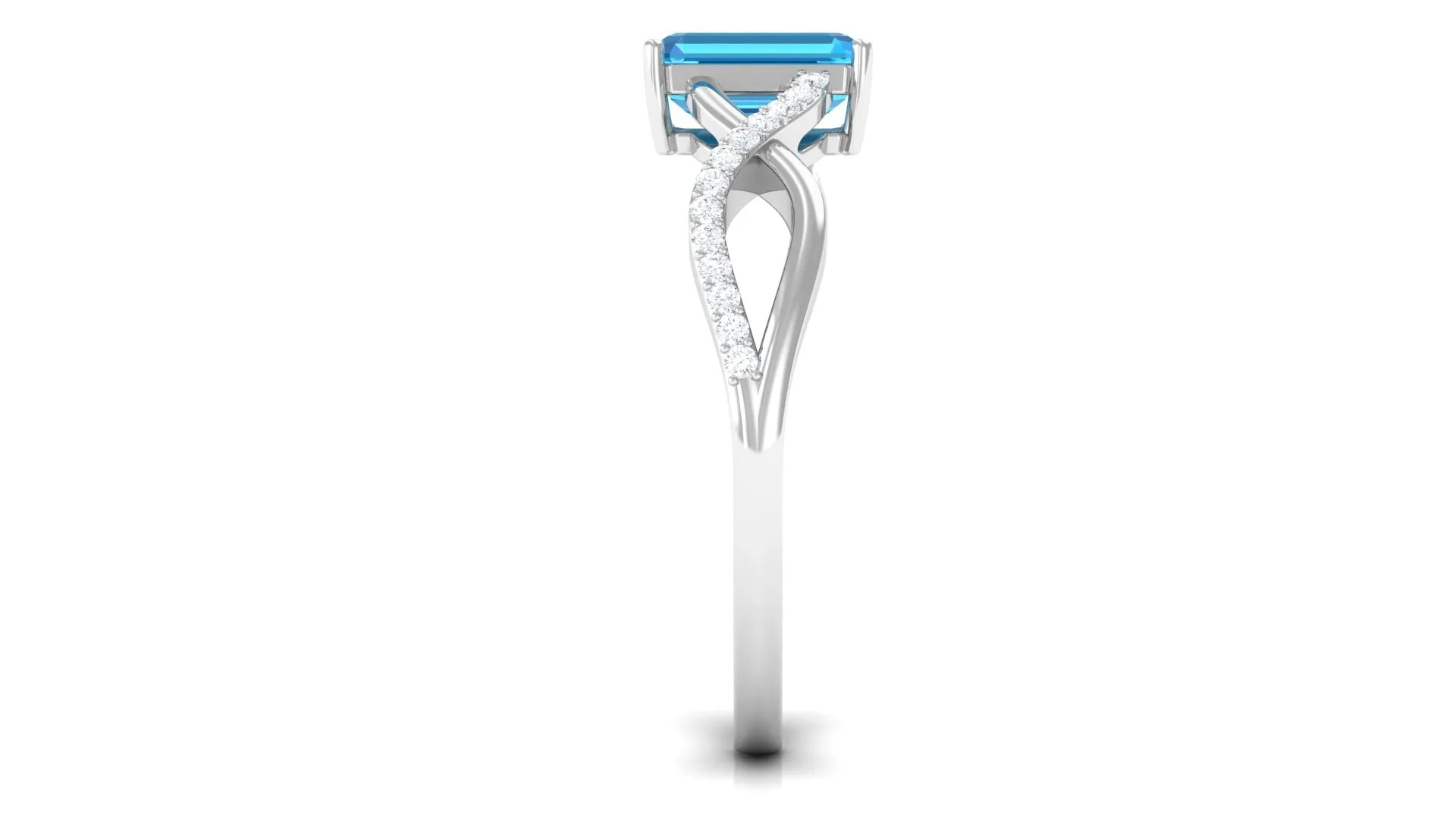 Emerald Cut Swiss Blue Topaz and Diamond Crossover Engagement Ring