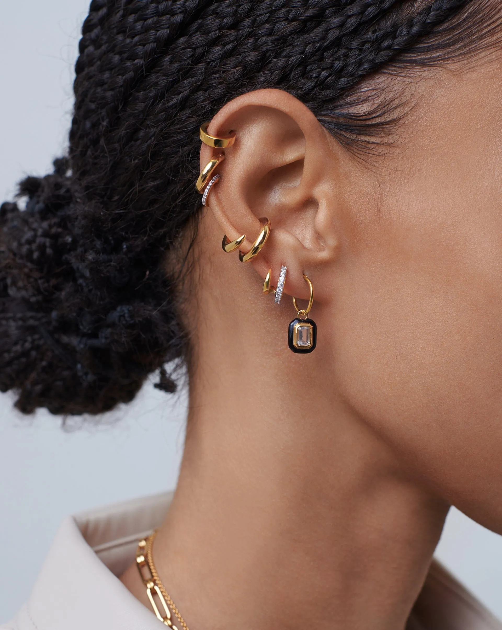 Enamel & Stone Charm Mini Hoop Earrings | 18ct Gold Vermeil/Crystal Quartz