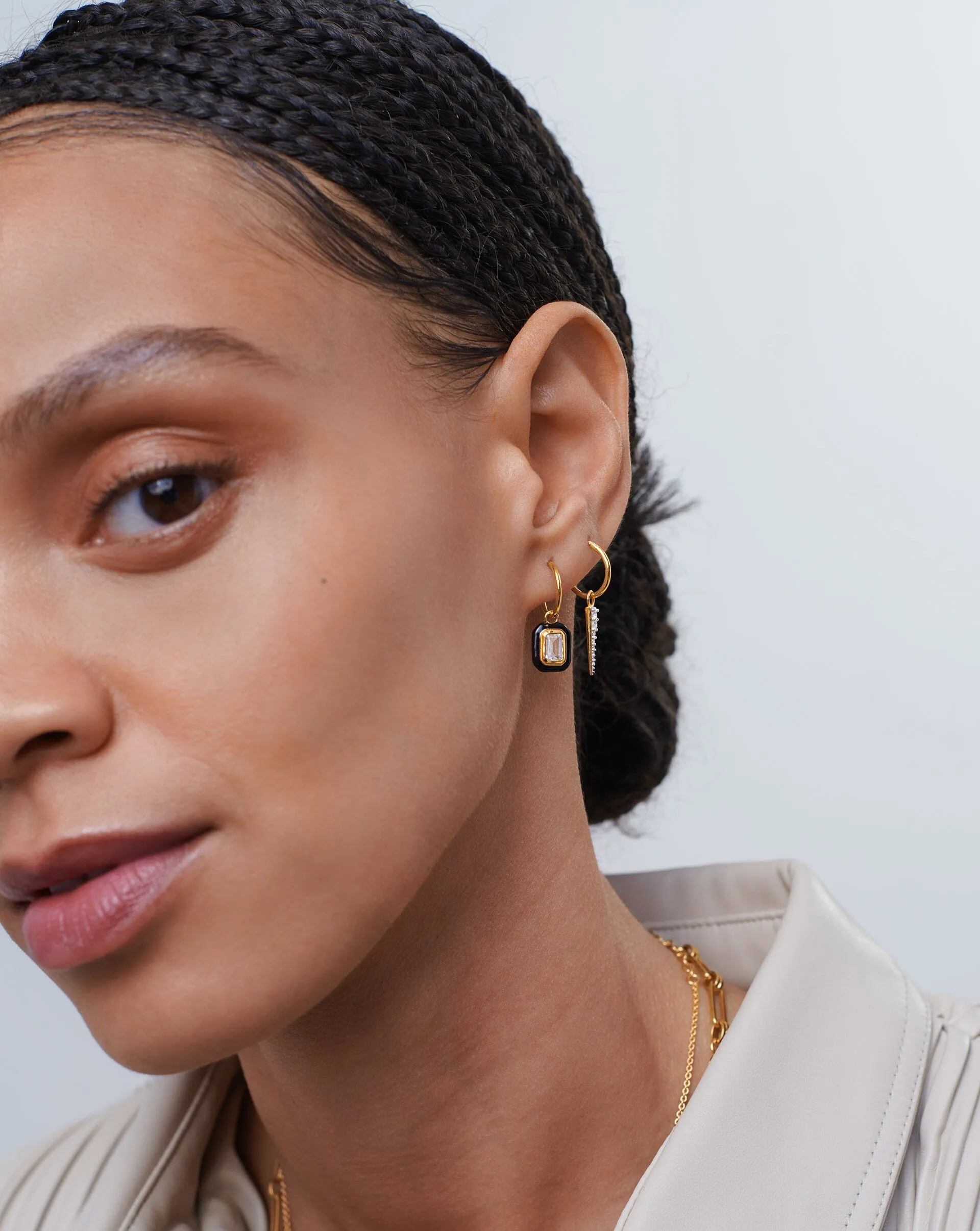 Enamel & Stone Charm Mini Hoop Earrings | 18ct Gold Vermeil/Crystal Quartz