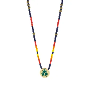 Enameled Gold Scarab Disk on Glass Beaded Necklace