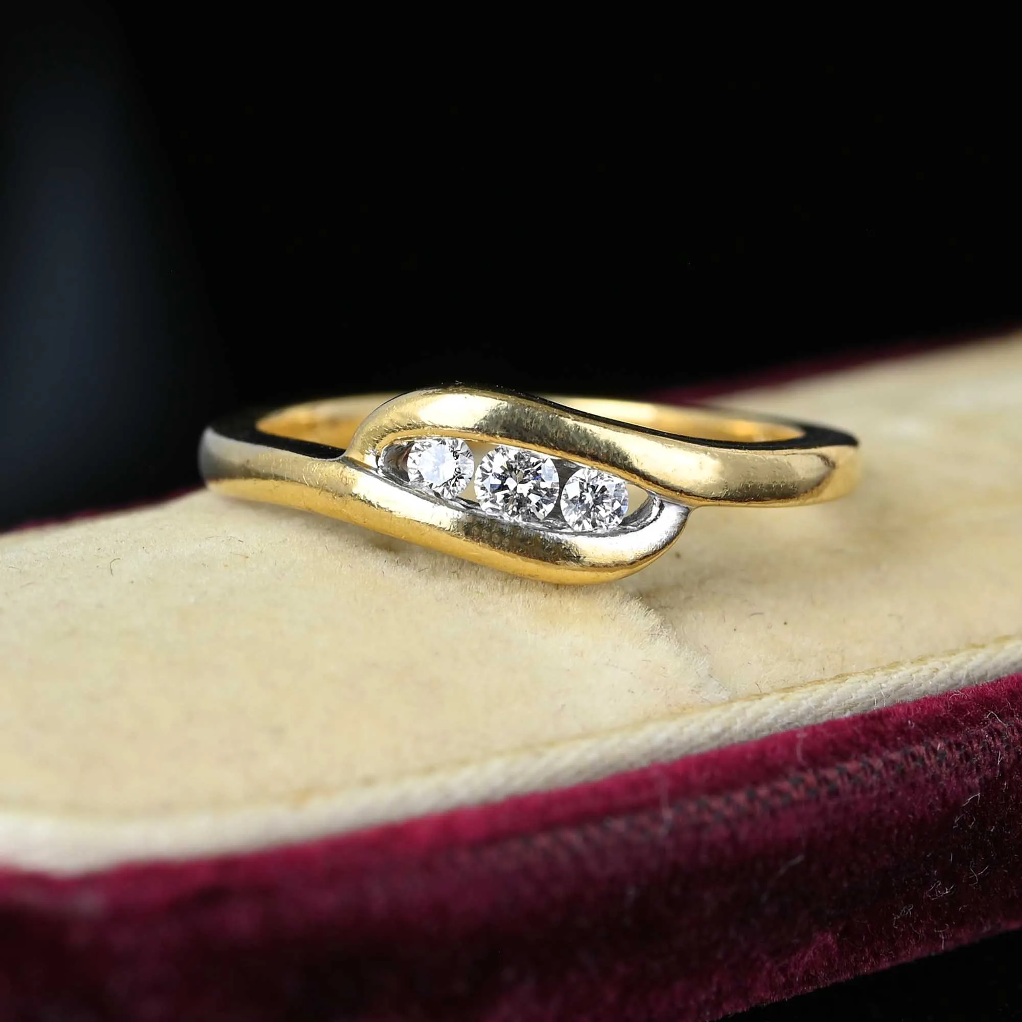Estate 14K Gold Bypass Three Stone Diamond Ring