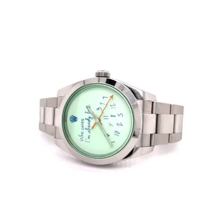 Exclusive 40mm Rolex Milgauss "Who cares I'm already late" custom dial blue font III