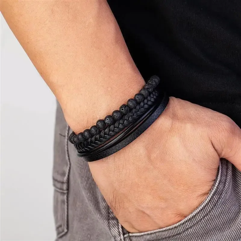 Fashion Volcanic Stone Beaded Bracelet Mutilayer Braided Leather Bracelet For Men Stainless Steel Magnetic Bangle Jewelry Gift