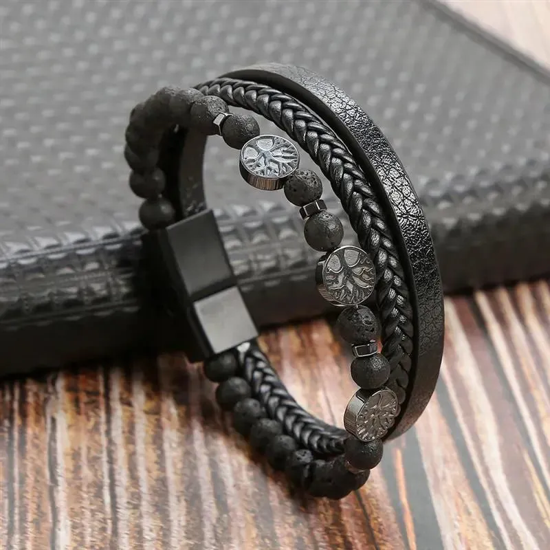Fashion Volcanic Stone Beaded Bracelet Mutilayer Braided Leather Bracelet For Men Stainless Steel Magnetic Bangle Jewelry Gift