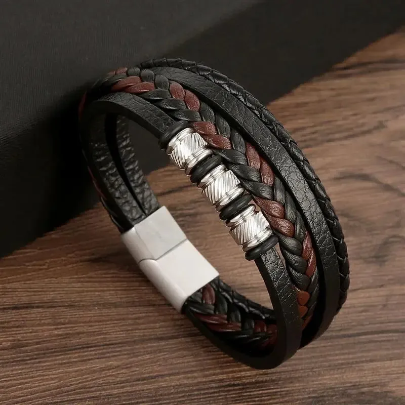 Fashion Volcanic Stone Beaded Bracelet Mutilayer Braided Leather Bracelet For Men Stainless Steel Magnetic Bangle Jewelry Gift