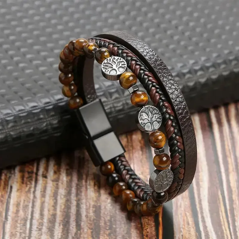 Fashion Volcanic Stone Beaded Bracelet Mutilayer Braided Leather Bracelet For Men Stainless Steel Magnetic Bangle Jewelry Gift