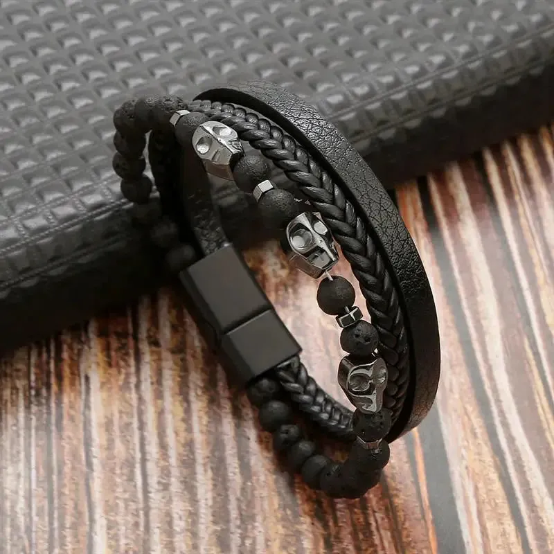 Fashion Volcanic Stone Beaded Bracelet Mutilayer Braided Leather Bracelet For Men Stainless Steel Magnetic Bangle Jewelry Gift