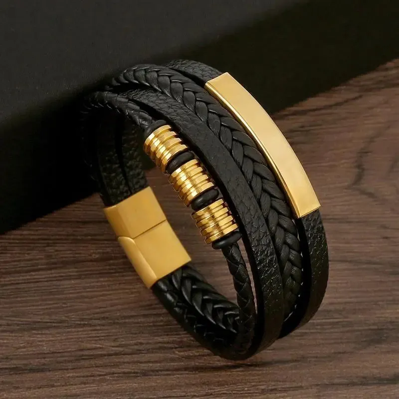 Fashion Volcanic Stone Beaded Bracelet Mutilayer Braided Leather Bracelet For Men Stainless Steel Magnetic Bangle Jewelry Gift