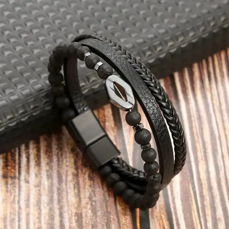 Fashion Volcanic Stone Beaded Bracelet Mutilayer Braided Leather Bracelet For Men Stainless Steel Magnetic Bangle Jewelry Gift