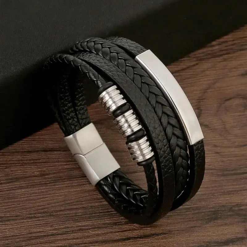Fashion Volcanic Stone Beaded Bracelet Mutilayer Braided Leather Bracelet For Men Stainless Steel Magnetic Bangle Jewelry Gift