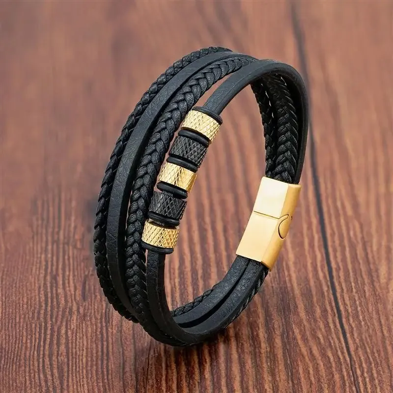 Fashion Volcanic Stone Beaded Bracelet Mutilayer Braided Leather Bracelet For Men Stainless Steel Magnetic Bangle Jewelry Gift