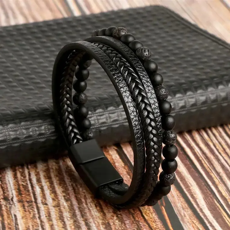 Fashion Volcanic Stone Beaded Bracelet Mutilayer Braided Leather Bracelet For Men Stainless Steel Magnetic Bangle Jewelry Gift