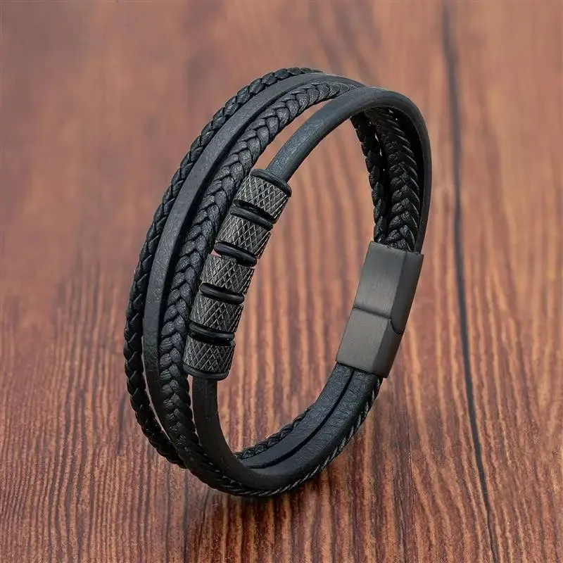 Fashion Volcanic Stone Beaded Bracelet Mutilayer Braided Leather Bracelet For Men Stainless Steel Magnetic Bangle Jewelry Gift