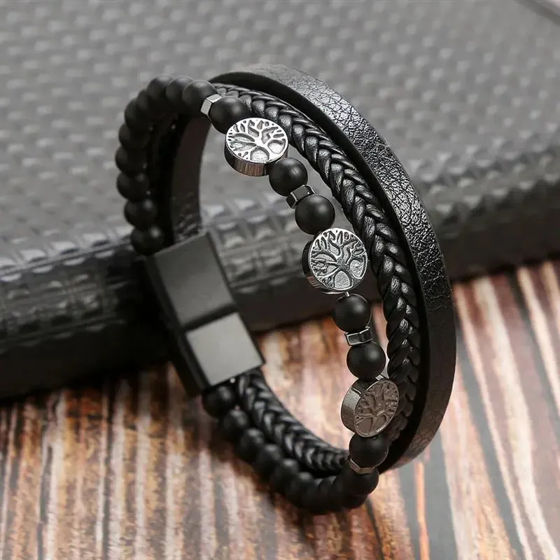 Fashion Volcanic Stone Beaded Bracelet Mutilayer Braided Leather Bracelet For Men Stainless Steel Magnetic Bangle Jewelry Gift