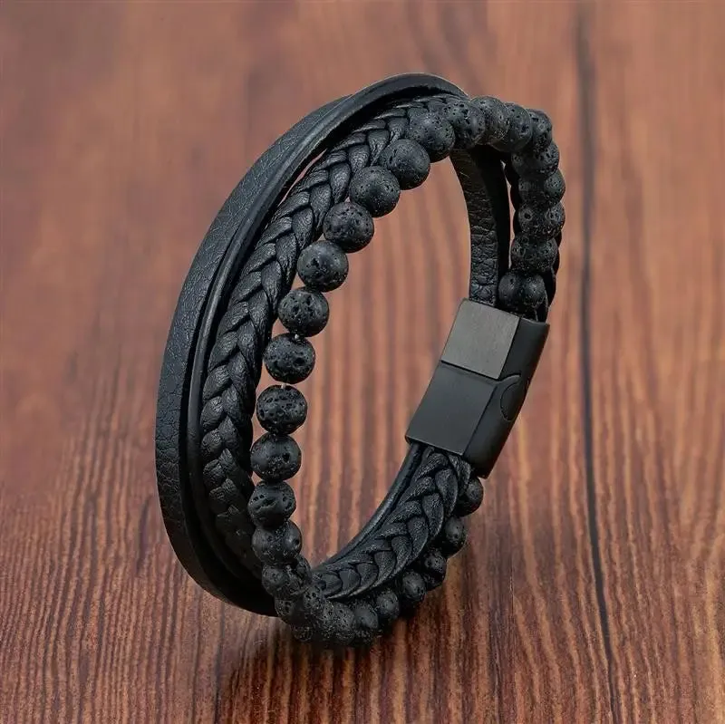 Fashion Volcanic Stone Beaded Bracelet Mutilayer Braided Leather Bracelet For Men Stainless Steel Magnetic Bangle Jewelry Gift